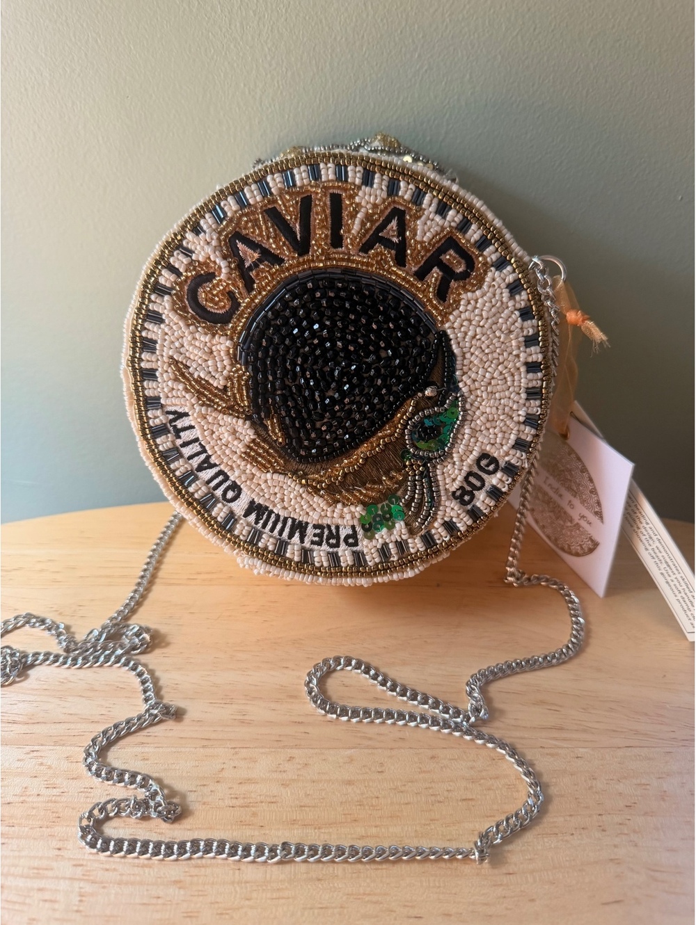 Beaded Caviar Round Crossbody Bag with Chain Strap